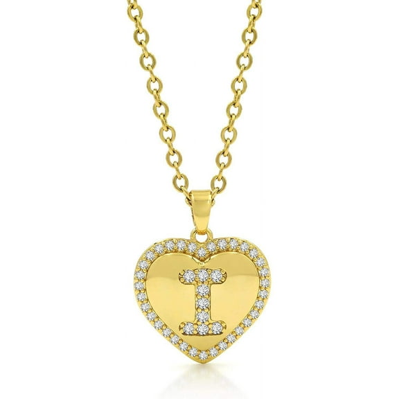 Giorgio Bergamo Stainless Steel Yellow Gold Plated Micro Pave Heart Initial A - Z Letter Pendant Mens Womens Necklace, Gold, I