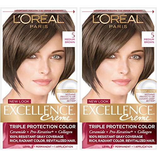 L'Oreal Paris Excellence Creme Permanent Hair Color, 5 Medium Brown, 100  Percent Gray Coverage Dye, 2 Pack 
