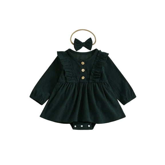 Miaouyo Infant Baby Girls 2Pcs Fall Romper 0 3 6 12 18 24 Months Long Sleeve Button Front Skirt Romper with Headband