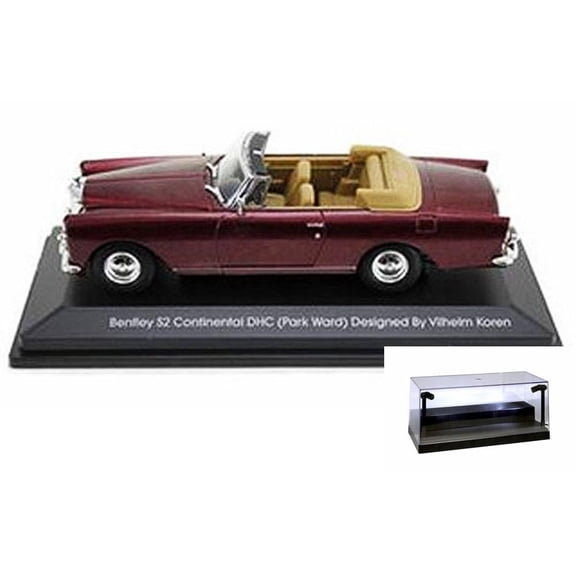 Diecast Car w/LED Display Case - 1961 Bentley S2 Continental DHC Convertible, Burgundy - Yatming 43214 - 1/43 Scale Diecast Model Toy Car