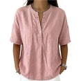 thumbnail image 2 of Linen Polo Shirts for Women Summer Gauze Tops Snap Button Short Sleeve V Neck Blouses Dressy Casual Tunic Clothes Pink L, 2 of 2