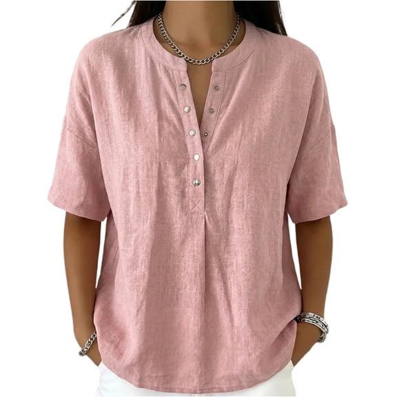 Women’s Cotton Linen Polo Shirt Casual Short Sleeve Button Down Summer Tops, S