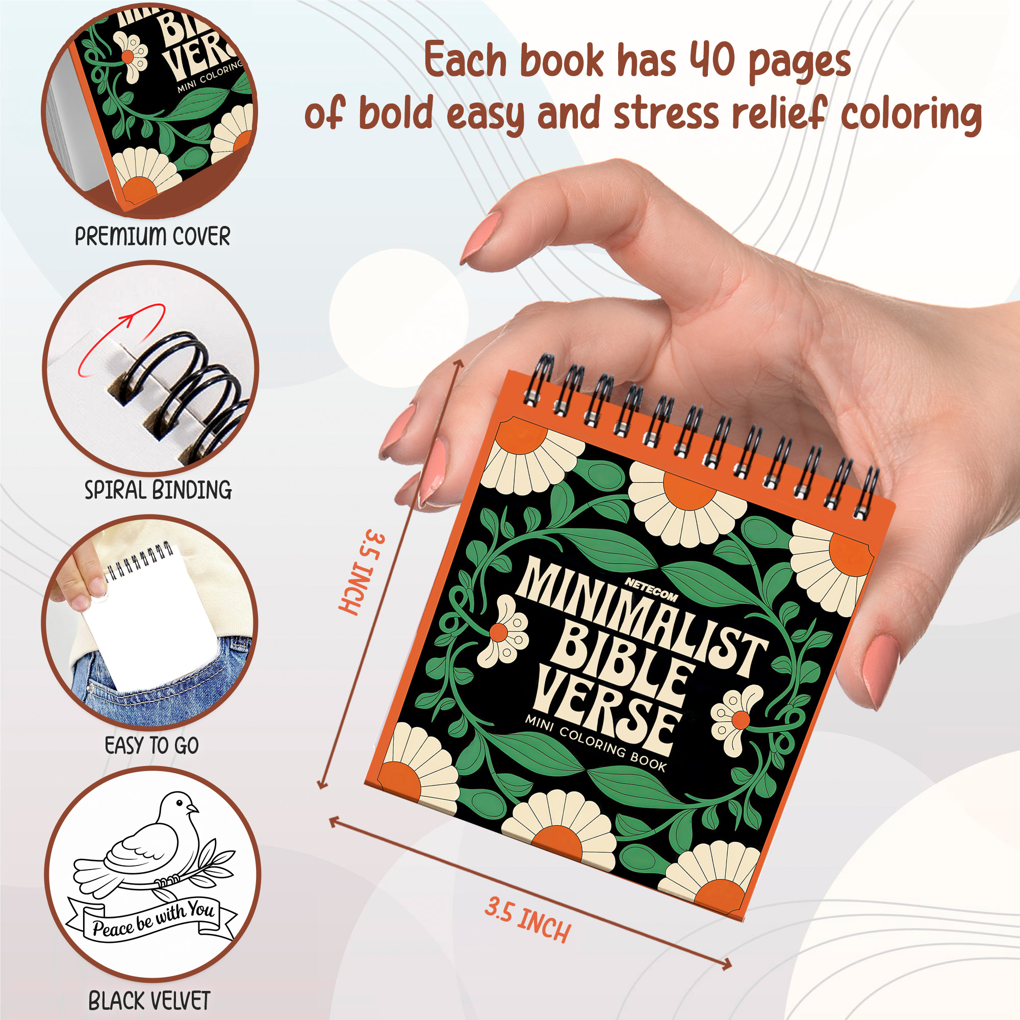 Minimalist Mini Coloring Book Spiral Bound for Adult, Pack 6, 3.5” x 3.5” Pocket Size, 40 Coloring Pages Stress & Anxiety Relief, Travel for Women Men