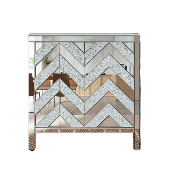 31.5" Accent Cabinet, Kitchen Pantry Cabinets With Mirror Trim, M Shape Design Buffet Cabinet, Sideboard Console Table For Bedroom, Dining Room, Entrance, Silver