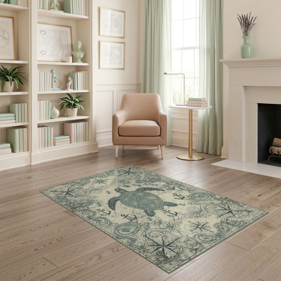 ODIKA Sea Turtle Centerpiece Weathered Navigation Chart Anchor Motif Stain Resistant Low Profile for Dorm Room, Small Living Apartment