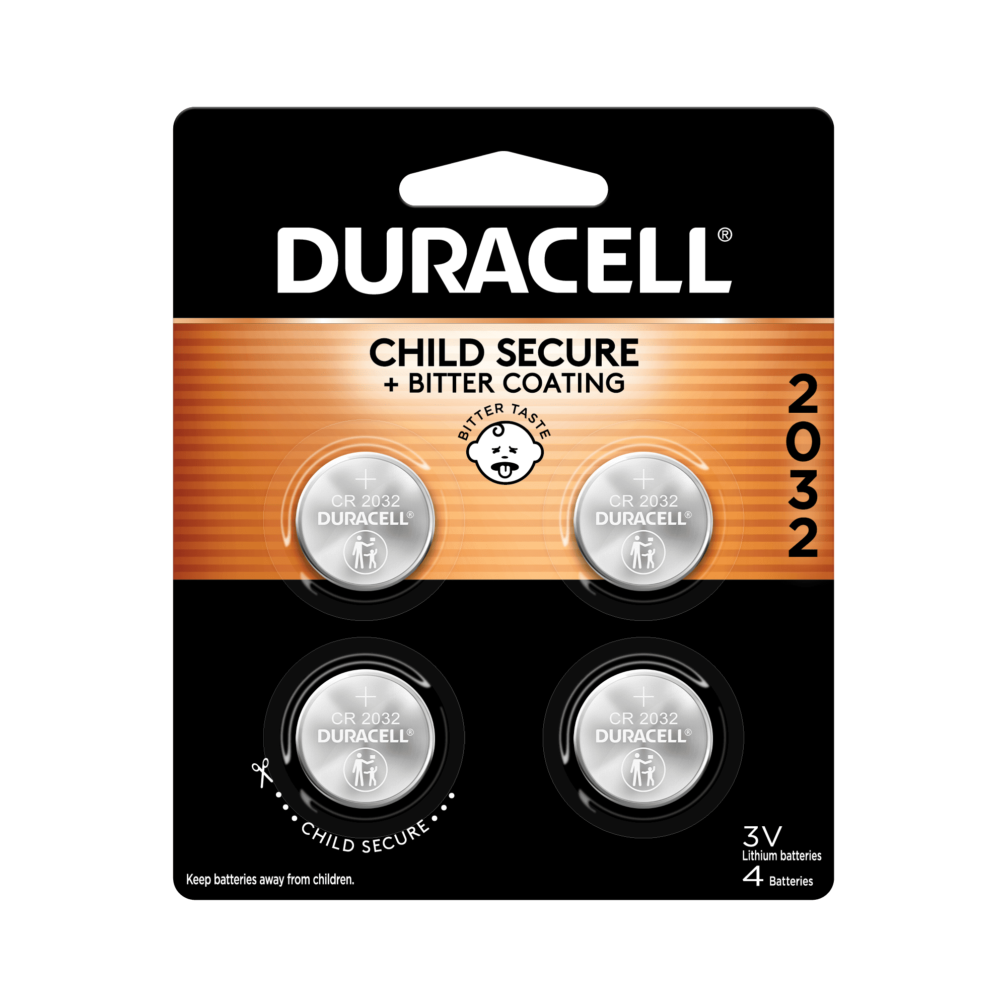 Duracell 2032 Lithium Coin Battery 3V, CR2032 Battery, Bitter Coating Discourages Swallowing, 4 Pack
