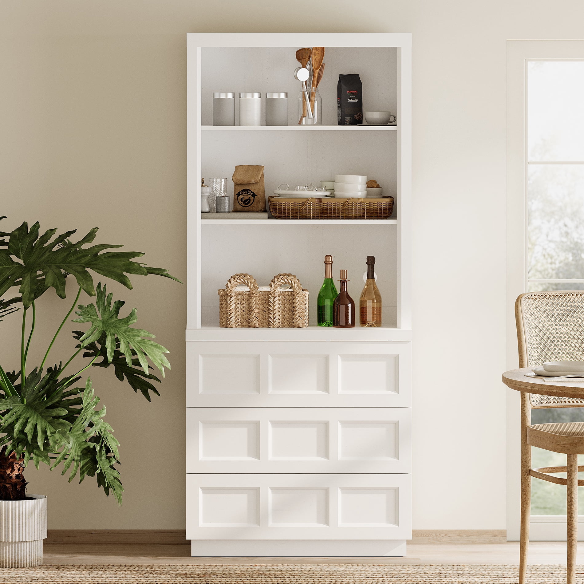 HOMOOI Wood Pantry Cabinet, Boho Freestanding Kitchen Storage Hutch with 1 Adjustable Open Shelves and 3-Large Drawers,Anti-Wobble Storage Organizer for Kitchen, Dining Room, Entryway,White