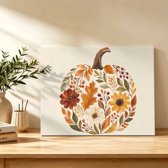 Fall Pumpkin Shape Canvas Wall Art, Harvest Autumn Leaves Sunflowers Rustic Country Wall Art Prints Artwork Framed Canvas Ready to Hang Art Pictures for Bathroom, Dressing Table, Entryway 12" x 8"