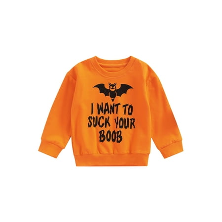 

Franhais Boys Girls Halloween Sweatshirt Letter Skeleton Pumpkin Print Crew-Neck Long Sleeve Tops