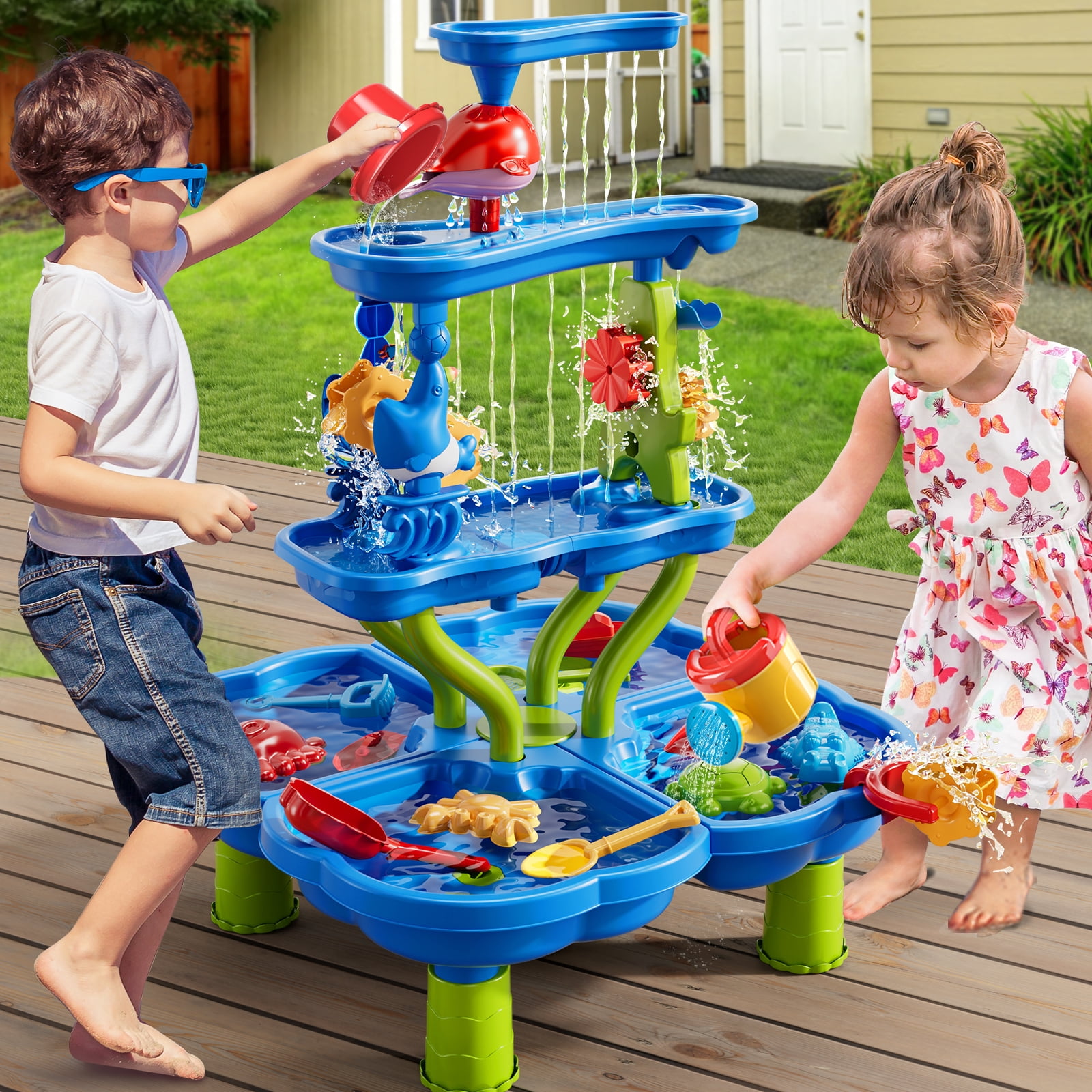 ConeWhale Sand Water Table for Toddlers 3-5 Outdoor Backyard Summer Multi-Tier Waterfall 32.3 x 22.8 x 22.8 Inch