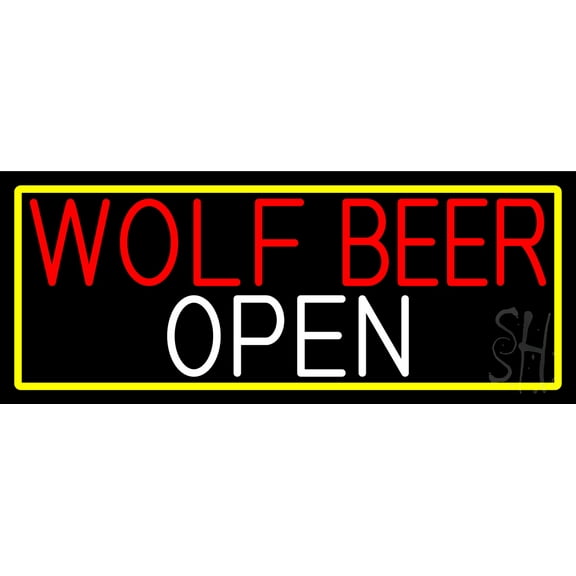 Wolf Beer Open With Yellow Border LED Neon Sign 13 x 32 - inches, Clear Edge Cut Acrylic Backing, with Dimmer - Bright and Premium built indoor LED Neon Sign for Bar decor.
