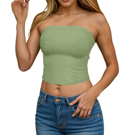 APEXFWDT Women s Ribbed Tube Top Slim Fitting Strapless Tank Top with Built-In Shelf Bra for Resort Wear & Club Nights Summer Deals   L Green