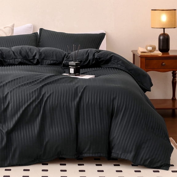Sleep Zone Washed Striped Jacquard Duvet Cover Set Queen, 3 Pieces Soft Bedding Set, Black