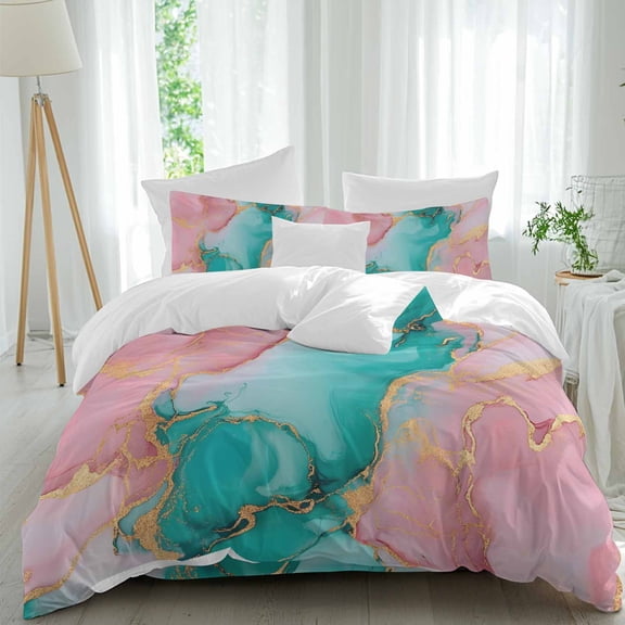 Pink Teal Duvet Cover Set King Size, Green Marble Abstract Cracks Texture Modern Art 4 Piece Soft Microfiber Bedding Set with 1 Duvet Cover, 1 Flat Sheet, 2 Pillowcases