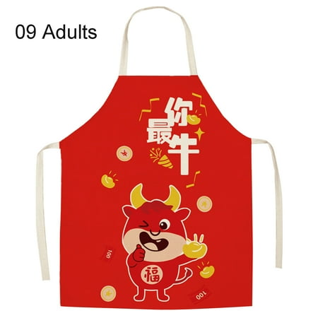 

Meizhencang Red Apron New Year Cartoon Ox Cattle Pattern Kitchen Cooking Snack Shop Overalls