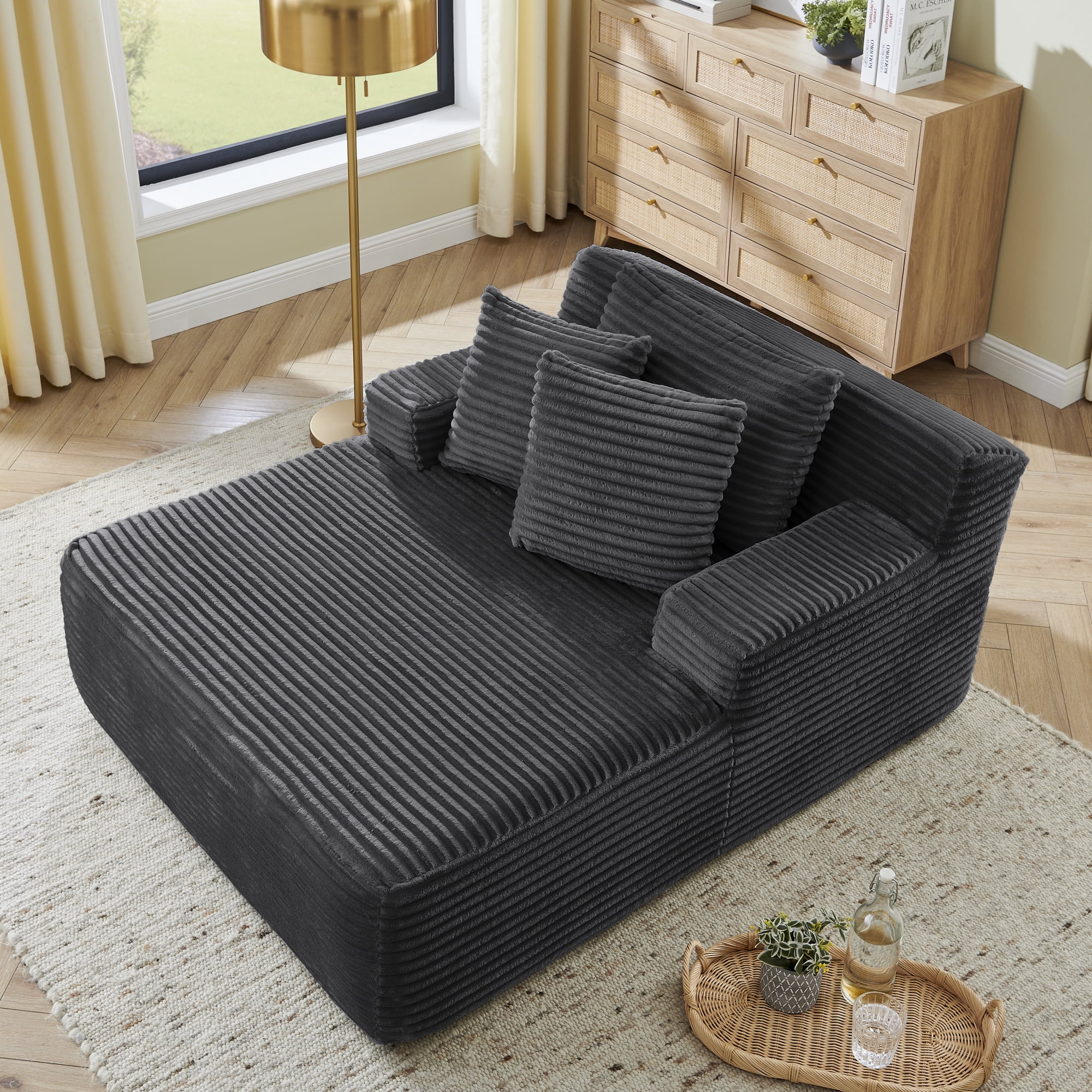 65"Oversized Chaise Lounge Chair Indoor, Cloud-Plush Corduroy Upholstered Sofa Bed with Pillows, Modern Deep Seat Cozy Sleeper Couch for Living Room, No Assembly Required, Deep Gray