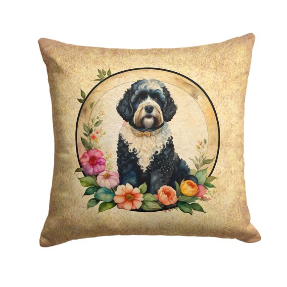 Portuguese Water Dog and Flowers Throw Pillow