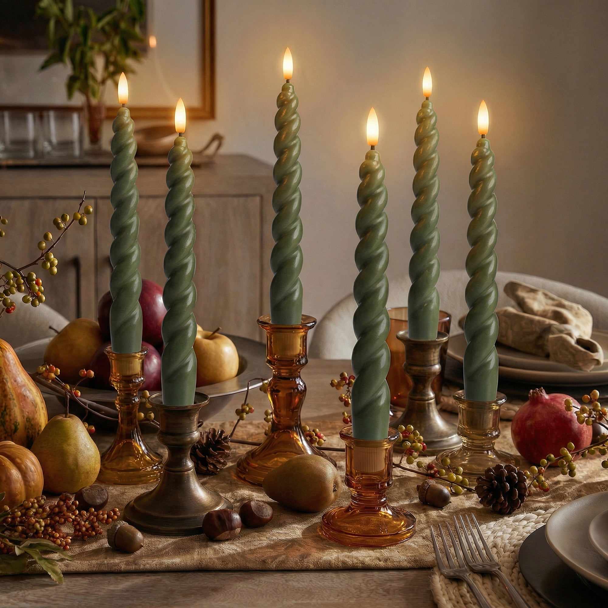 WYZworks 10" Flameless LED Taper Candles – Full Twisted Spiral – Loden Green, Set of 2 – Remote, 2/4/6/8-Hr Timer (24-hr Memory), Bottom On/Off Button, Dimmable, Battery Operated, Flicker/Steady