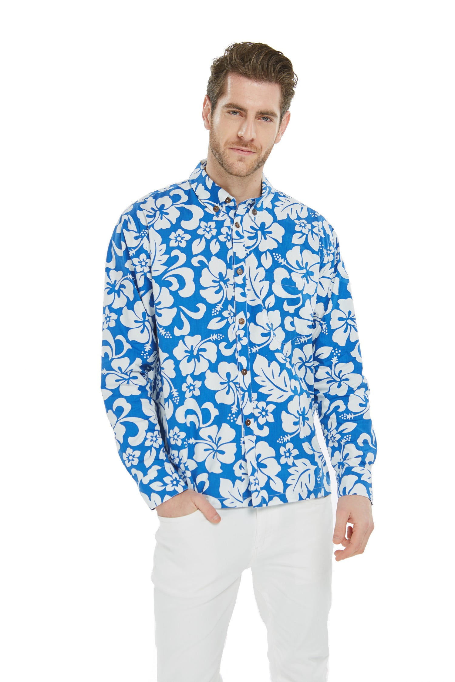 Hawaii Hangover Men Hawaiian Aloha Long Sleeve Shirt Hibiscus Blue Floral Luau