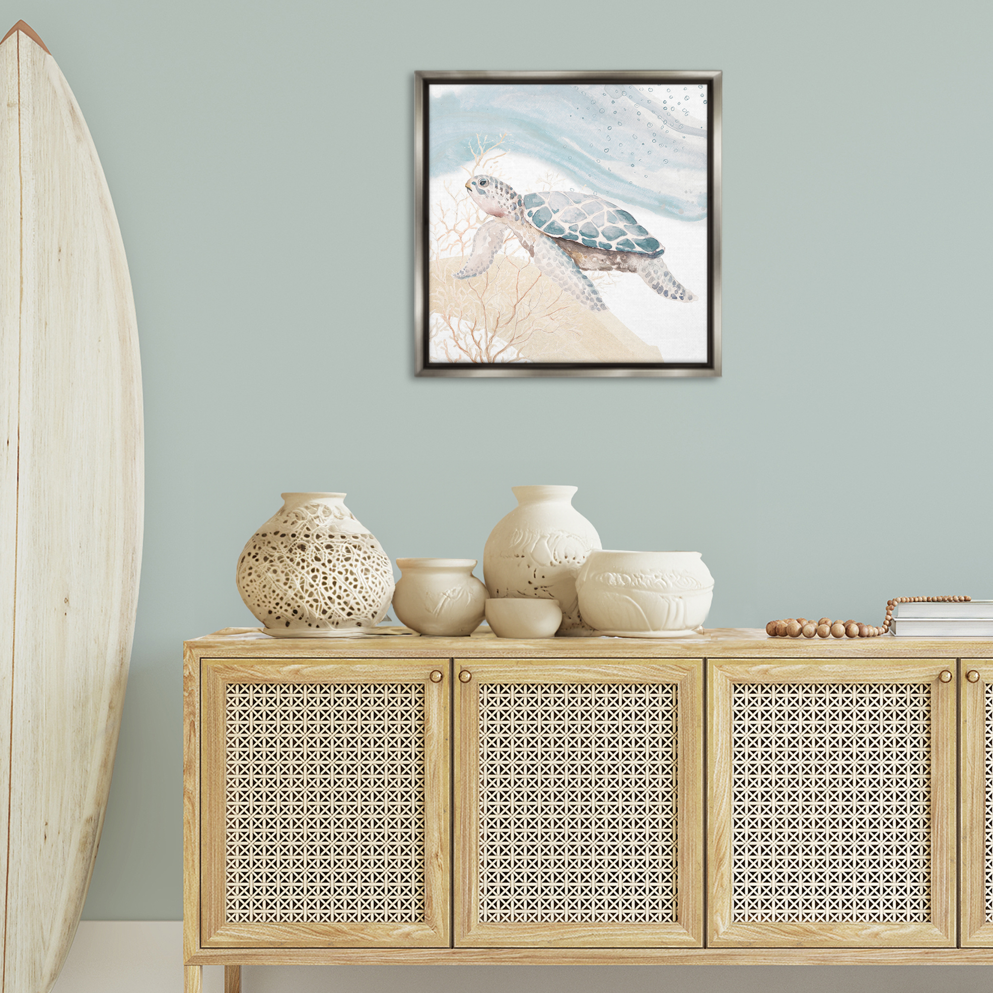 Stupell Industries Swimming Aquatic Turtle Animals & Insects Painting Gray Floater Framed Canvas Art Print Wall Art, 25 x 25