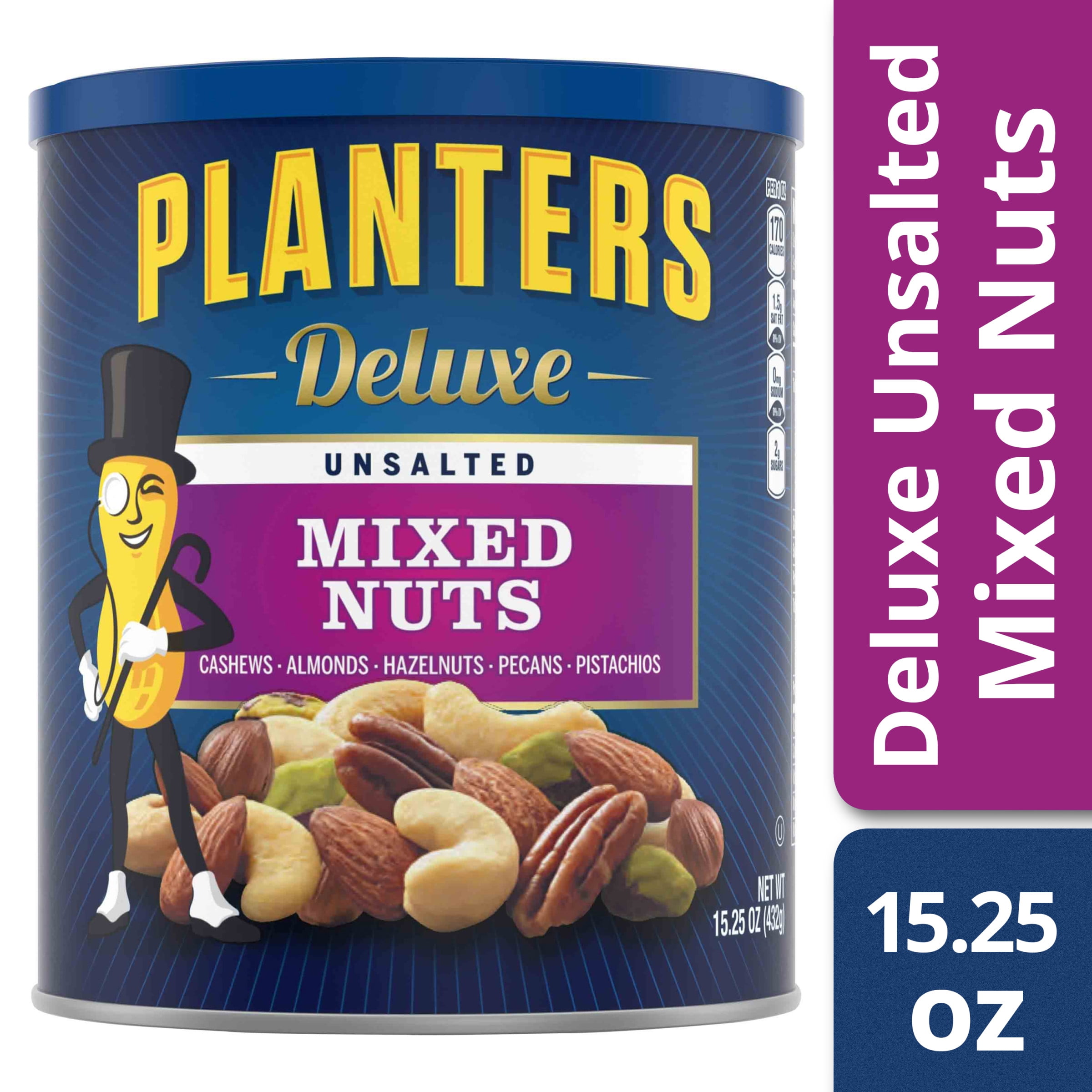 Planters Deluxe Unsalted Mixed Nuts, 15.25 oz Canister