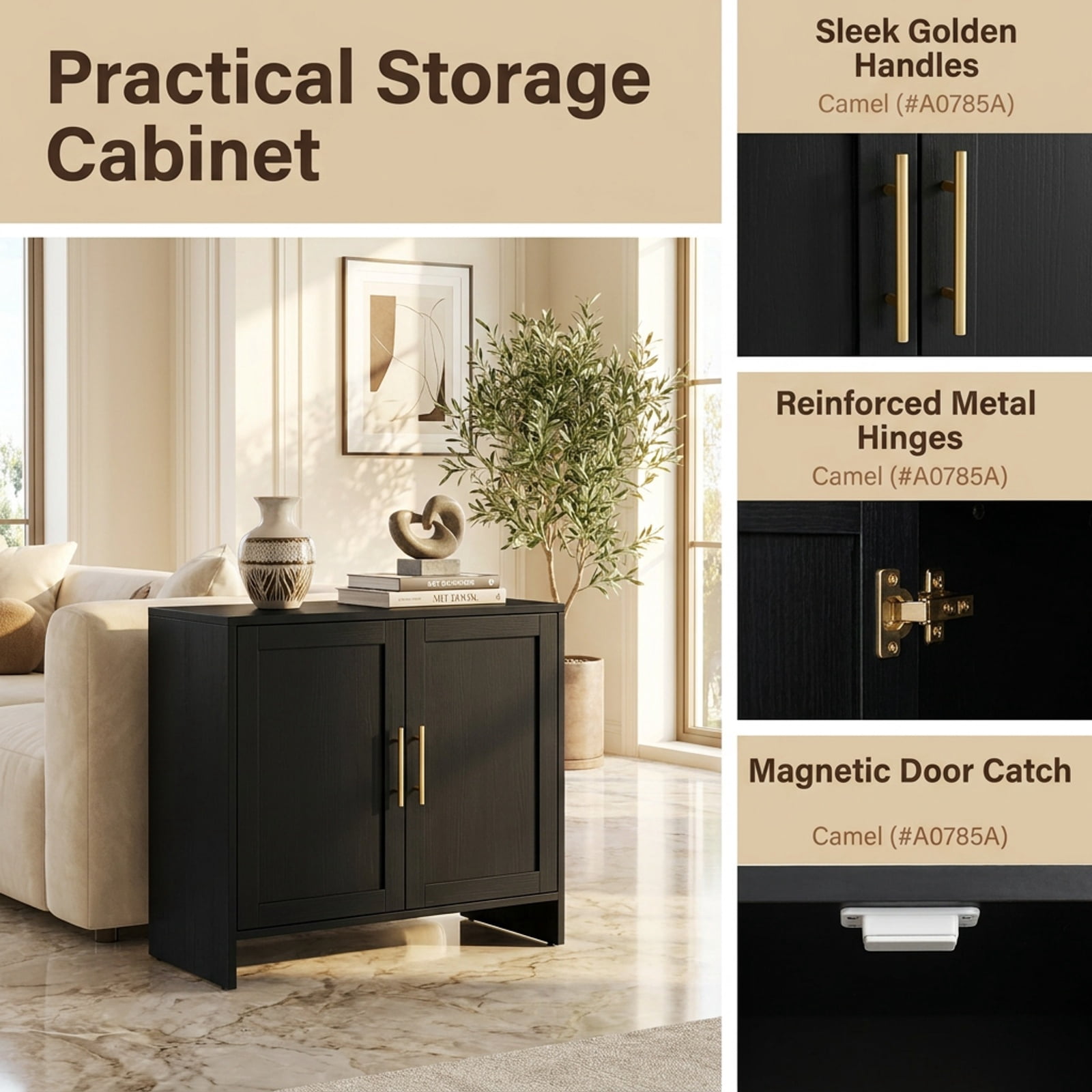 Vebreda Freestanding Floor Storage Cabinet with 2 Doors, Drawer & Adjustable Shelf, Modern Buffet Sideboard Organizer with Gold Knobs for Bathroom Living Room Dining Room, Black
