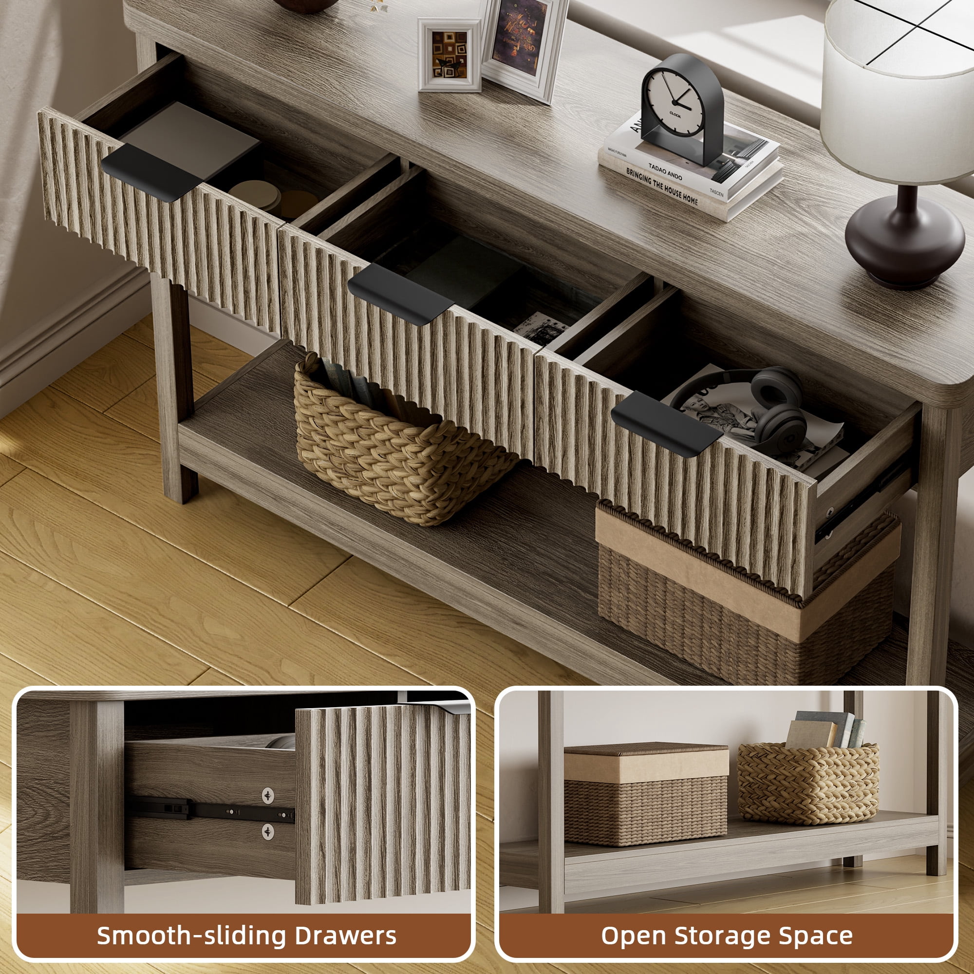 Aufeile 51" Console Table for Entryway, Fluted Entryway Table with 3 Storage Drawers and Open Shelf, Narrow Couch Sofa Table for Living Room Hallway Entrance Foyer, Gray Oak
