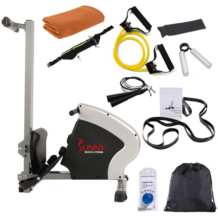 Sunny Health and Fitness SF-RW5801 SPM Magnetic Rowing Machine with Tablet Holder Bundle with Sport Towel, Deco Gear 7pc Fitness Kit and Sport Zippered Waist Belt