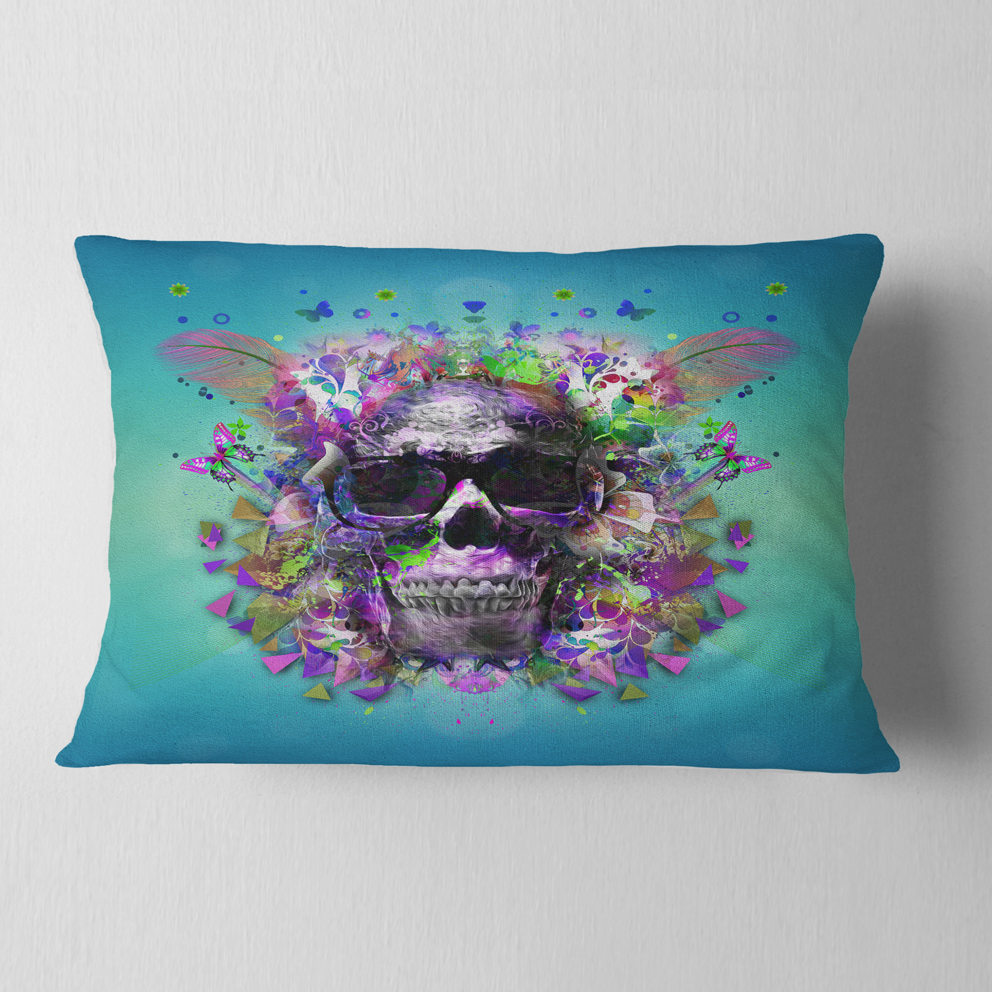 Designart Skull with Glasses and Butterflies - Abstract Throw Pillow - 12x20