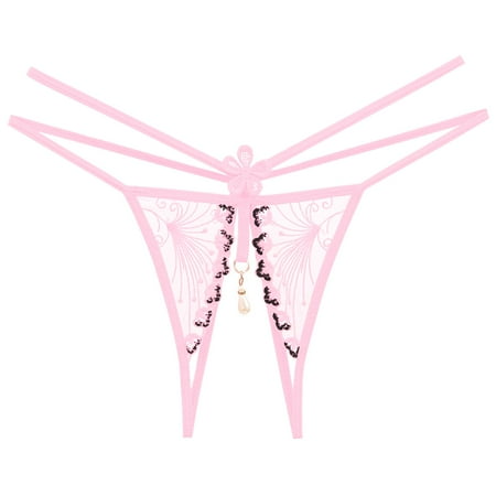 Sexy Panties for Women Pink Lace Thongs Bowknot Beads Panties Thong Lingerie Underwear One Size