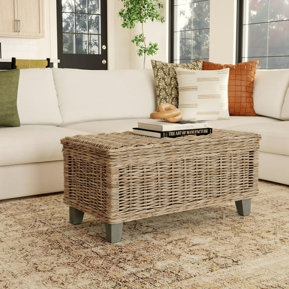 East at Main Hayward Handwoven Natural Rattan Storage Coffee Table, Brown (37x20x18)
