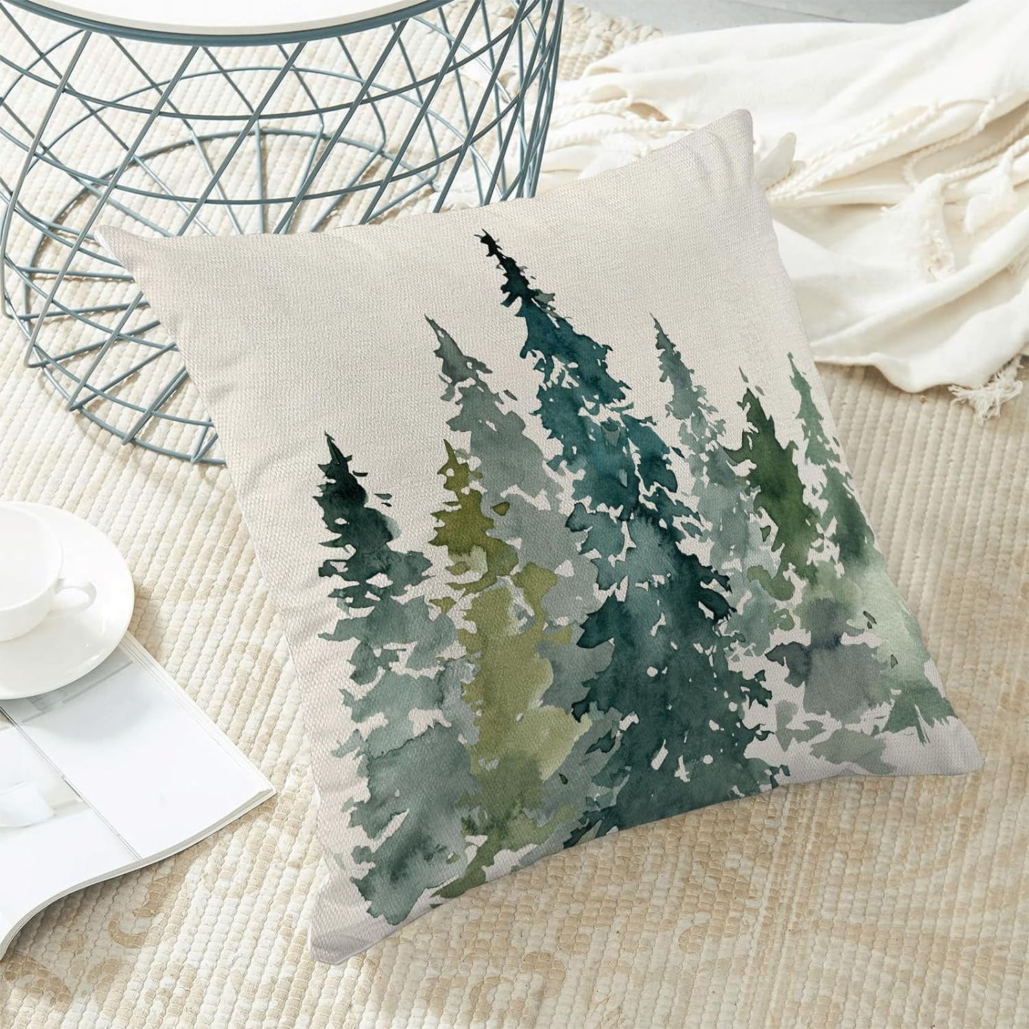 Christmas Pillow Covers 18x18 Set of 2, Green Watercolor Tree Christmas Decor Throw Pillow Covers Linen Farmhouse Winter Nature Themed Rustic Forest Cushion Case for Couch Sofa Home Outdoor