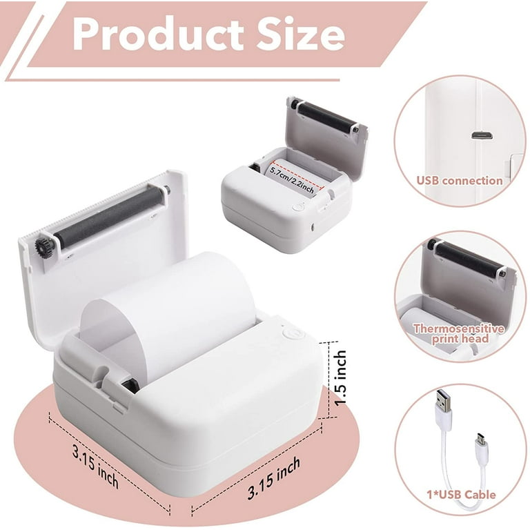 Bluetooth Mini Printer Sticker Maker for Notes Memo Photo Sticky Scrapbook Label Pocket Label Receipt Printer with 3 Rolls of Colored Paper with 5