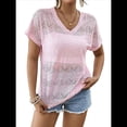 thumbnail image 2 of Camisetas de Cuello en V para Mujer, Blusas Casuales Elegantes de Corta con Bordado de Ojales, Ropa de Moda de Verano 2025 Rosa XL, 2 of 9