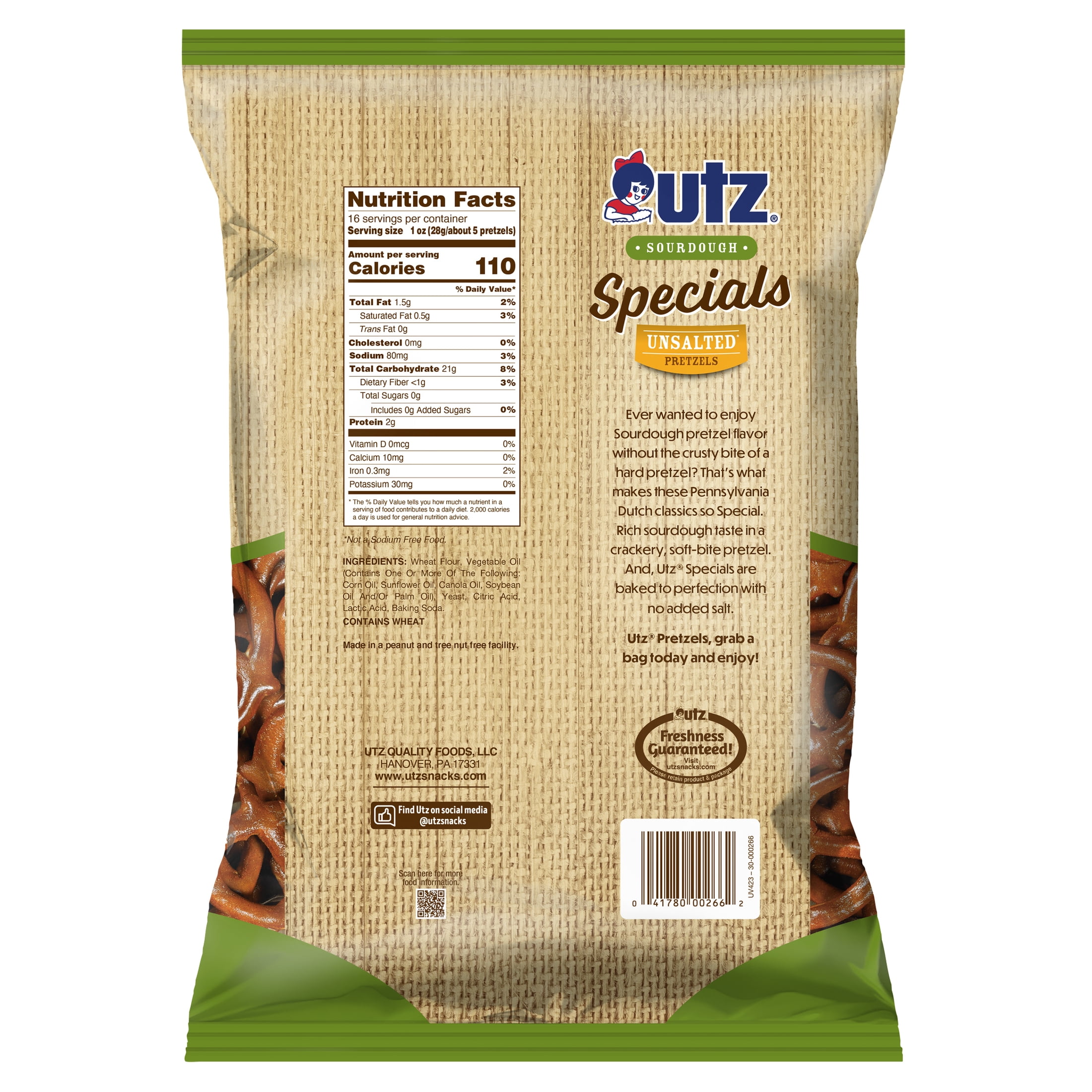 Utz Sourdough Specials Unsalted Pretzels, 16 oz Bag