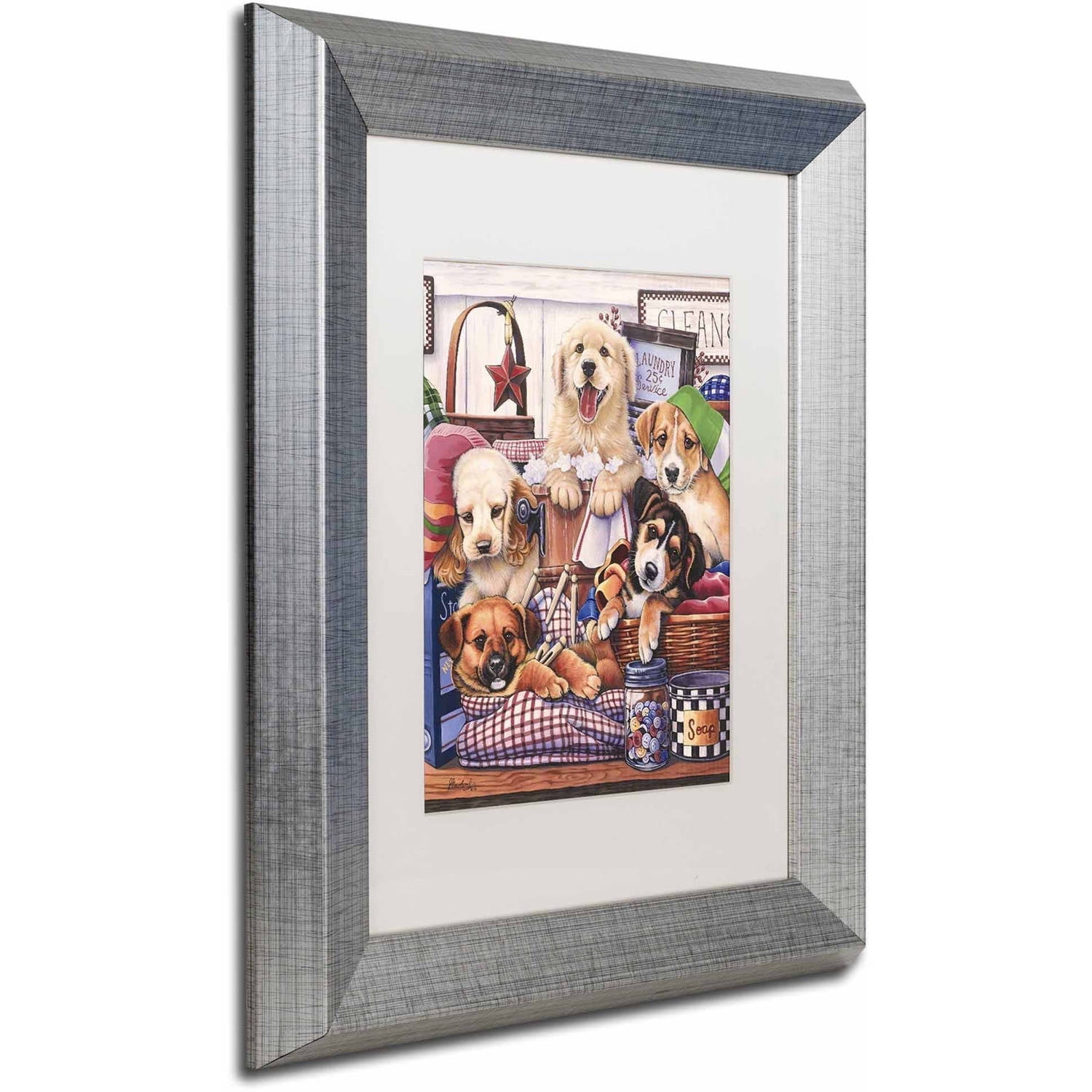 Trademark Fine Art 'Suds and Pups' Canvas Art by Jenny Newland, White Matte, Silver Frame