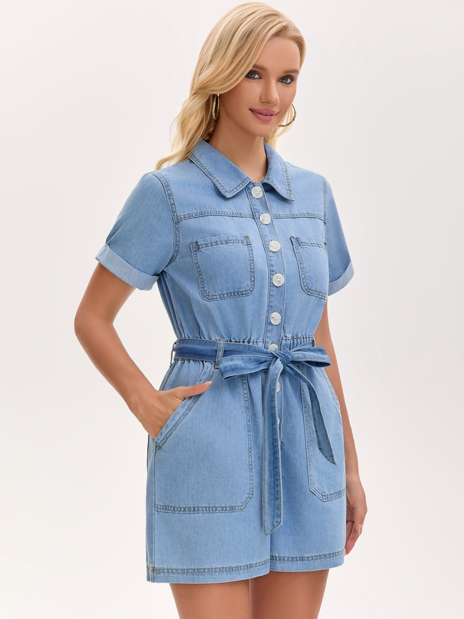DARING DIVA Women's Denim Romper Collared Short Sleeve Jean Jumpsuit Shorts XX-Large Blue