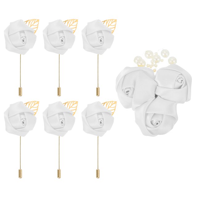 Uxcell 7 Pcs(6pcs Pins + 1 Brooch) Ramo de Rosa Blanco Brillante Boutonnieres Flores Botones para Ceremonia de Boda Aniversario Prom Fiesta Formal