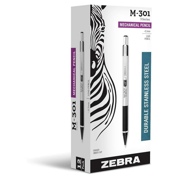 M-301 Mechanical Pencil, Stainless Steel , Fine Point, 0.5mm, Black Grip, 12-Pack (54010)
