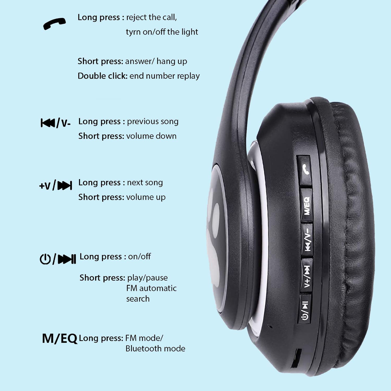 Hinzonek Cat Ear Kids Headphones, LED Lights, Black photo 7