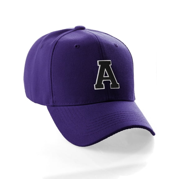 Classic Baseball Hat Custom A to Z Initial Team Letter, Purple Cap White Black Letter A