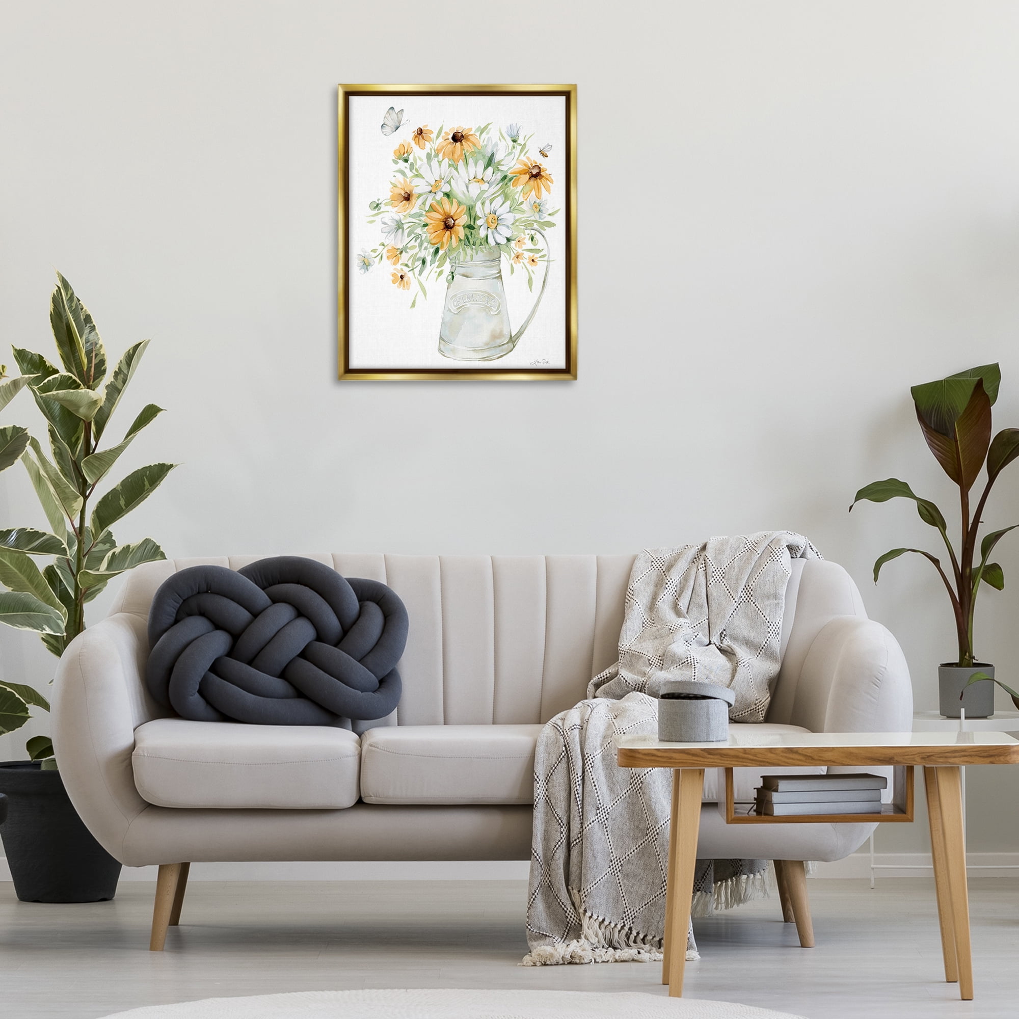 Stupell Industries Sunflowers & Daisies Vase Botanical & Floral Painting Gold Floater Framed Art Print Wall Art, 25 x 31