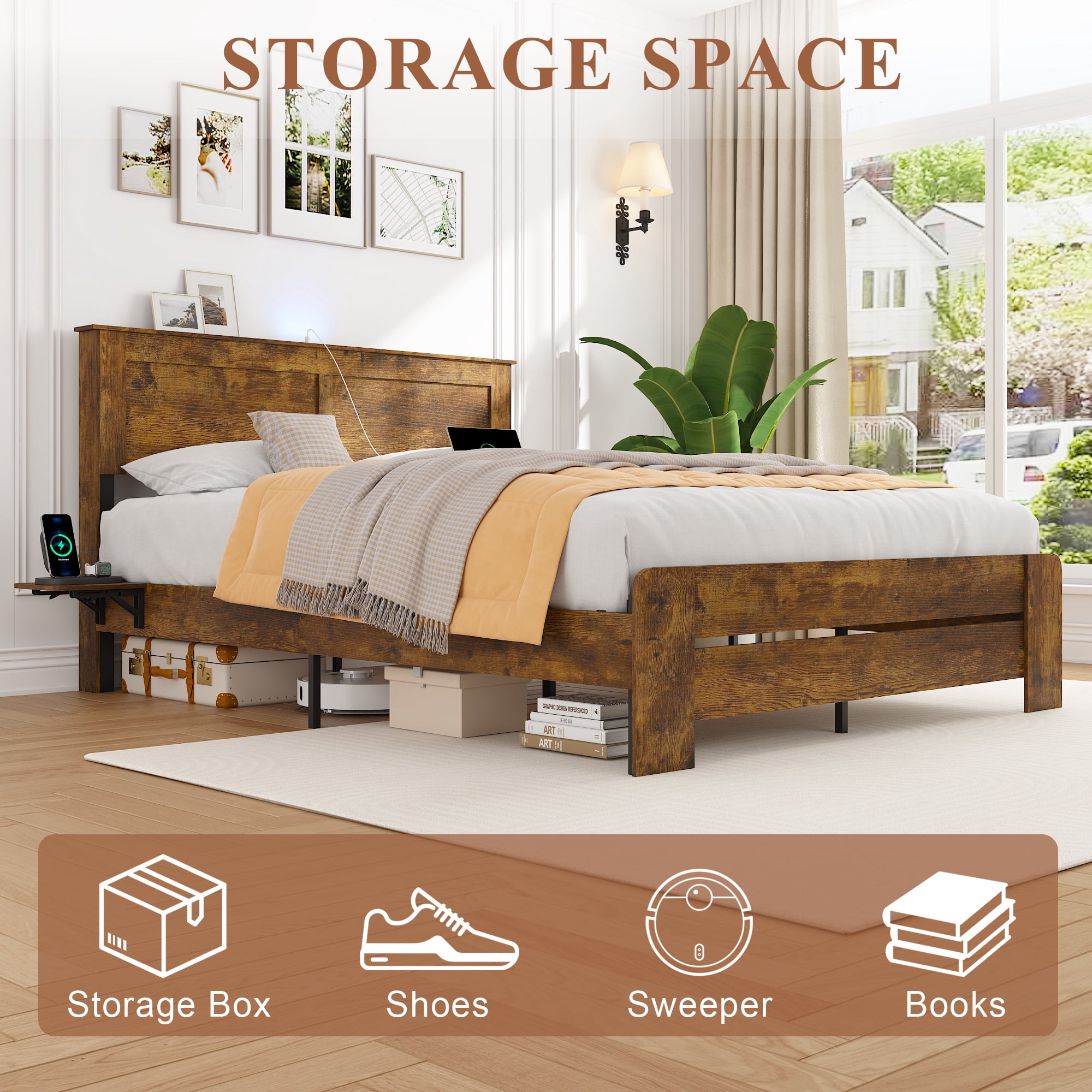 Miniyam Queen Size Platform Bed with LED Headboard, USB & Type-C Charging Ports, Storage Shelf and Foldable Side Tables, Brown