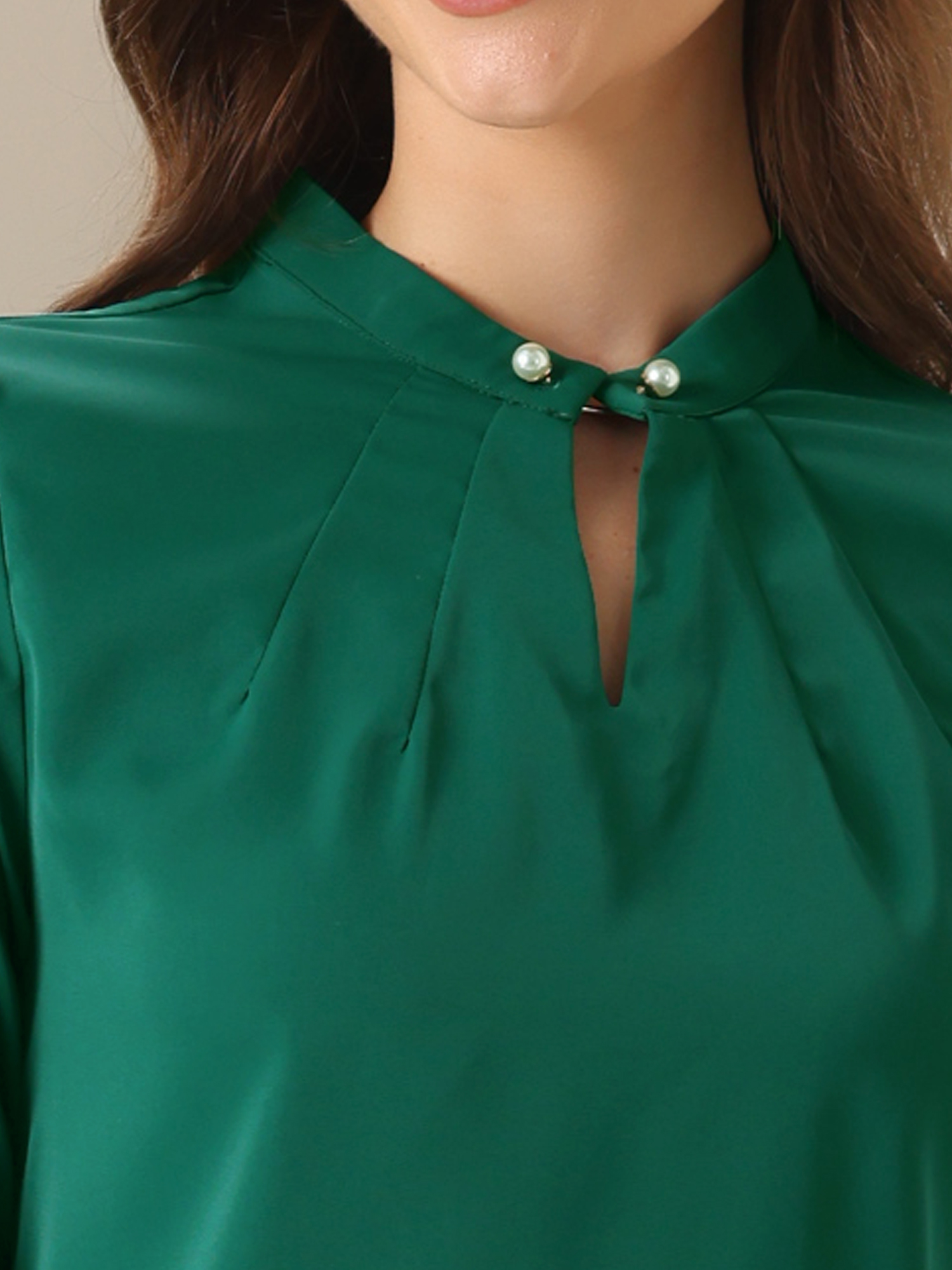 DARING DIVA Women's Pleated Mock Neck Pearl Decor Work Blouses S Dark Green