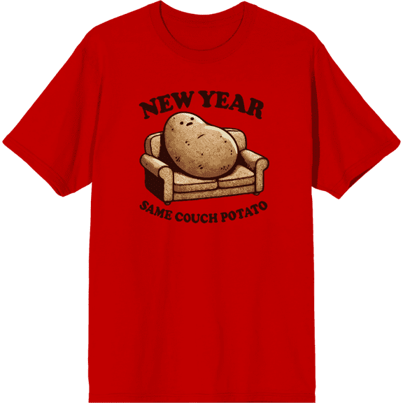 New Year Same Couch Potato Adult Red Crew Neck Short Sleeve Tee-Medium