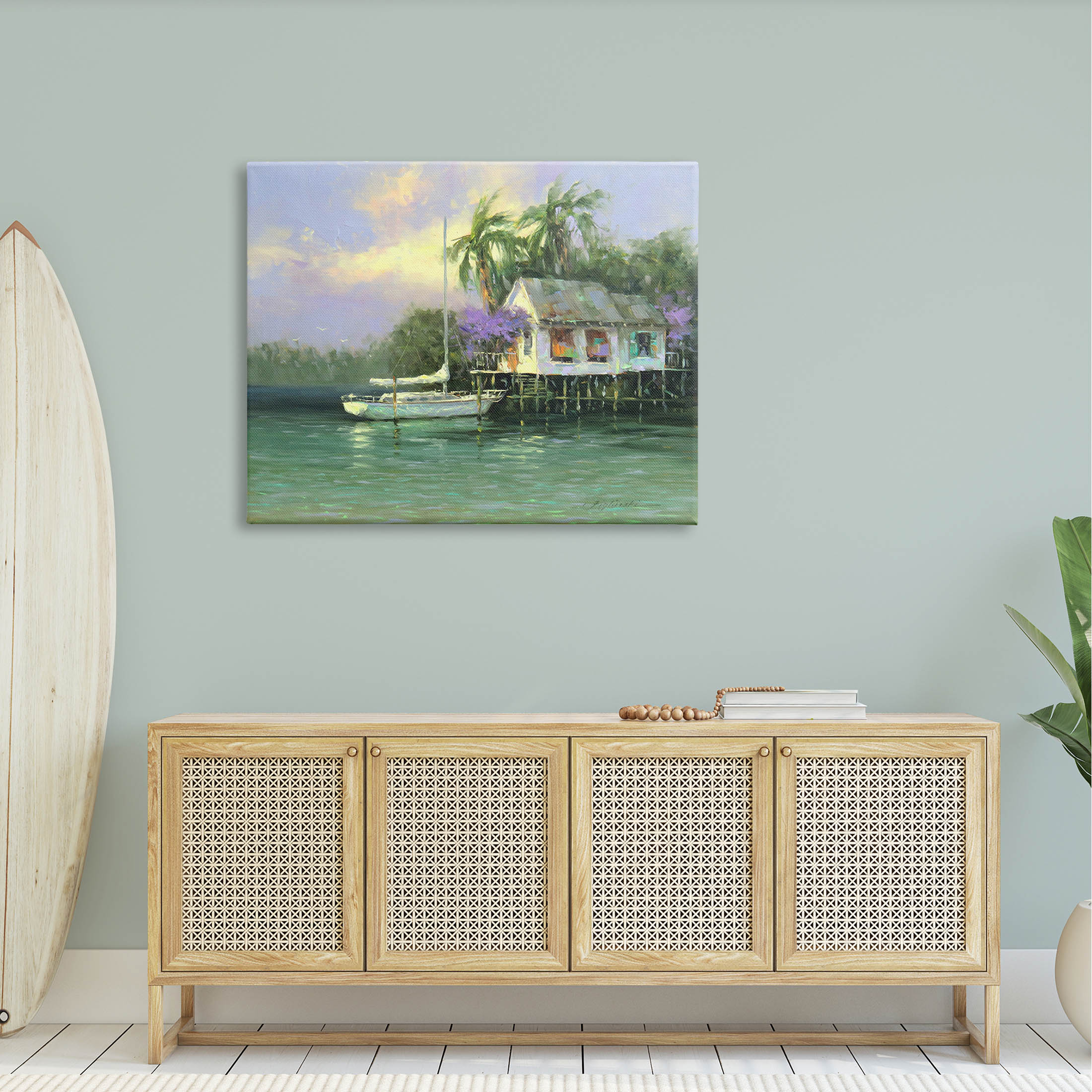 Summer Ocean Pier Palm Trees Landscape Painting Gallery Wrapped Canvas Print Wall Art