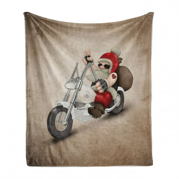 Christmas Soft Flannel Fleece Throw Blanket, Rock Grunge Santa with Heart Tattoo on Motorbike Delivery Bikie Peace Theme, Cozy Plush for Indoor and Outdoor Use, 70" x 90", Red and Cream, by Ambesonne