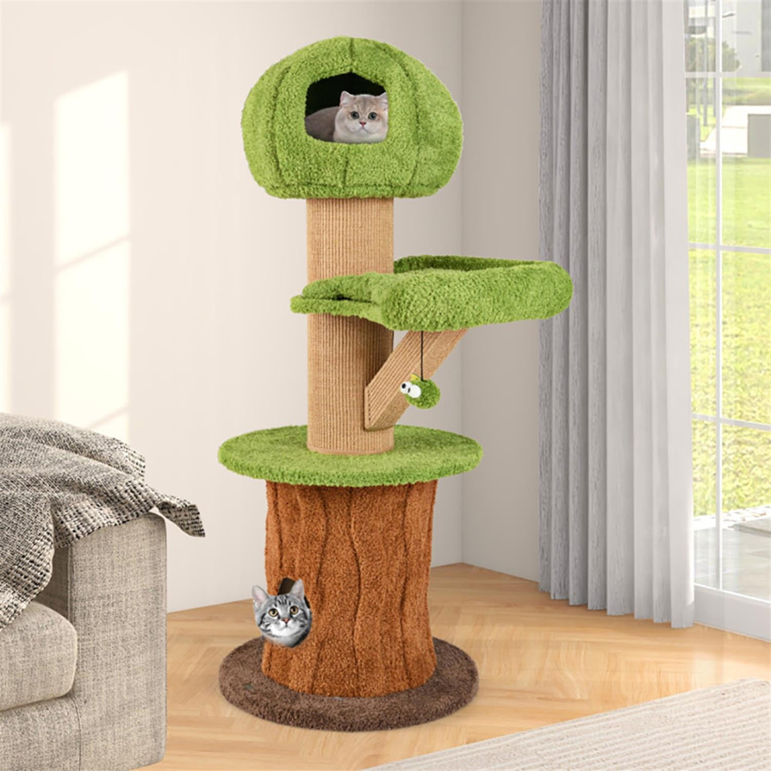 resenkos 58" Cat Tree Tower with 2 Cute Condos for Indoor Cats, Plush Cat House with Plush Perch and Teasing Balls, Brown