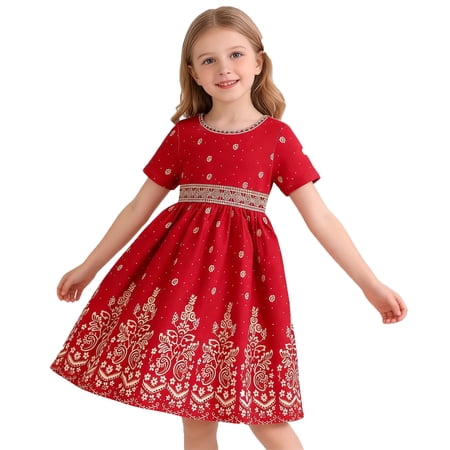 xfsWaSs Floral Dress for Girls Summer Short Sleeve Dress Red Embroidery Ethnic Style Party Gown Birthday Sundress Toddler Kids Formal Dresses 3-4 Years