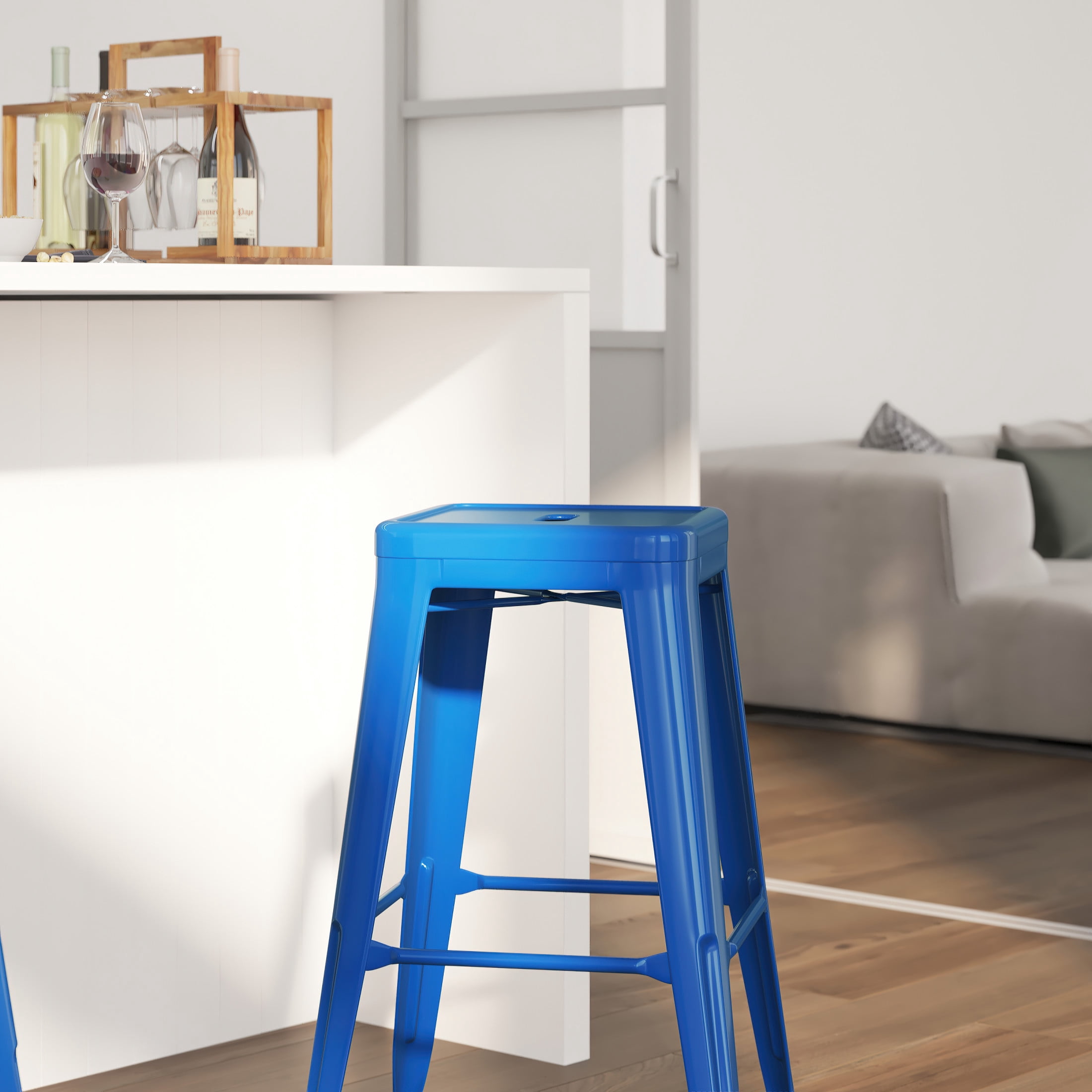 Merrick Lane Blue 30" High Backless Metal Bar Height Stool with Square Seat for Indoor-Outdoor Use